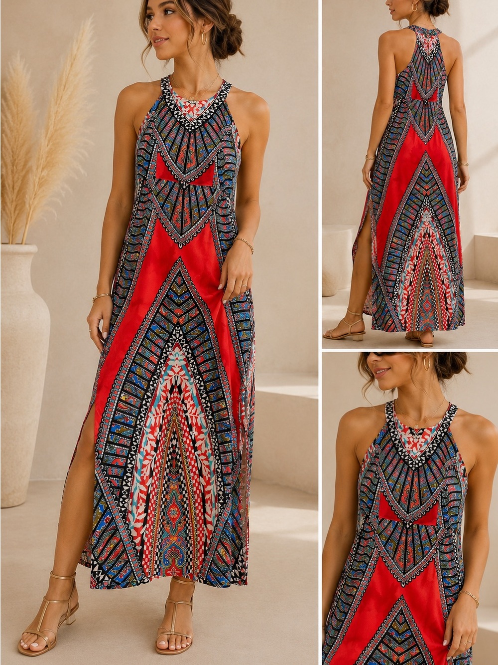 Gianni Bini Red Multicolor Halter Maxi Dress